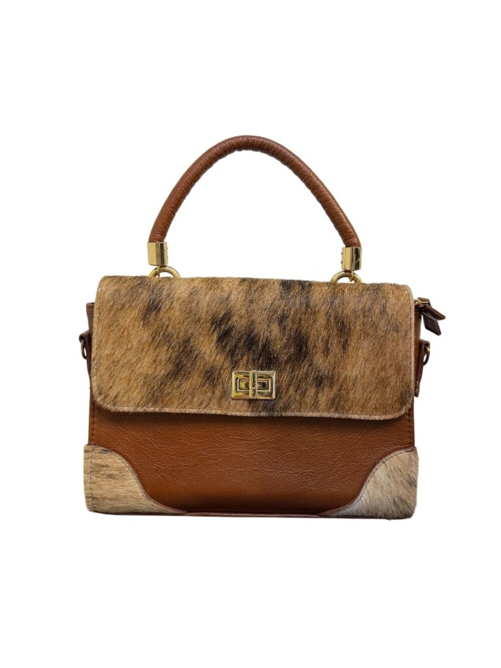 Chida Frida Brown Leather & Faux Fur Handbag With Gold-Tone Accents
